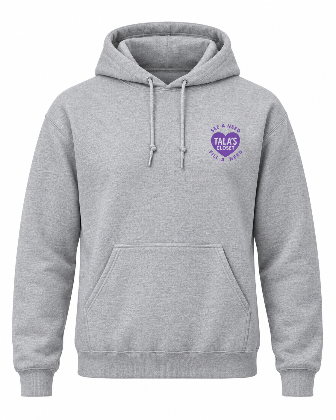 Front of Sport Grey Tala's Closet Gildan hoodie with left chest purple logo