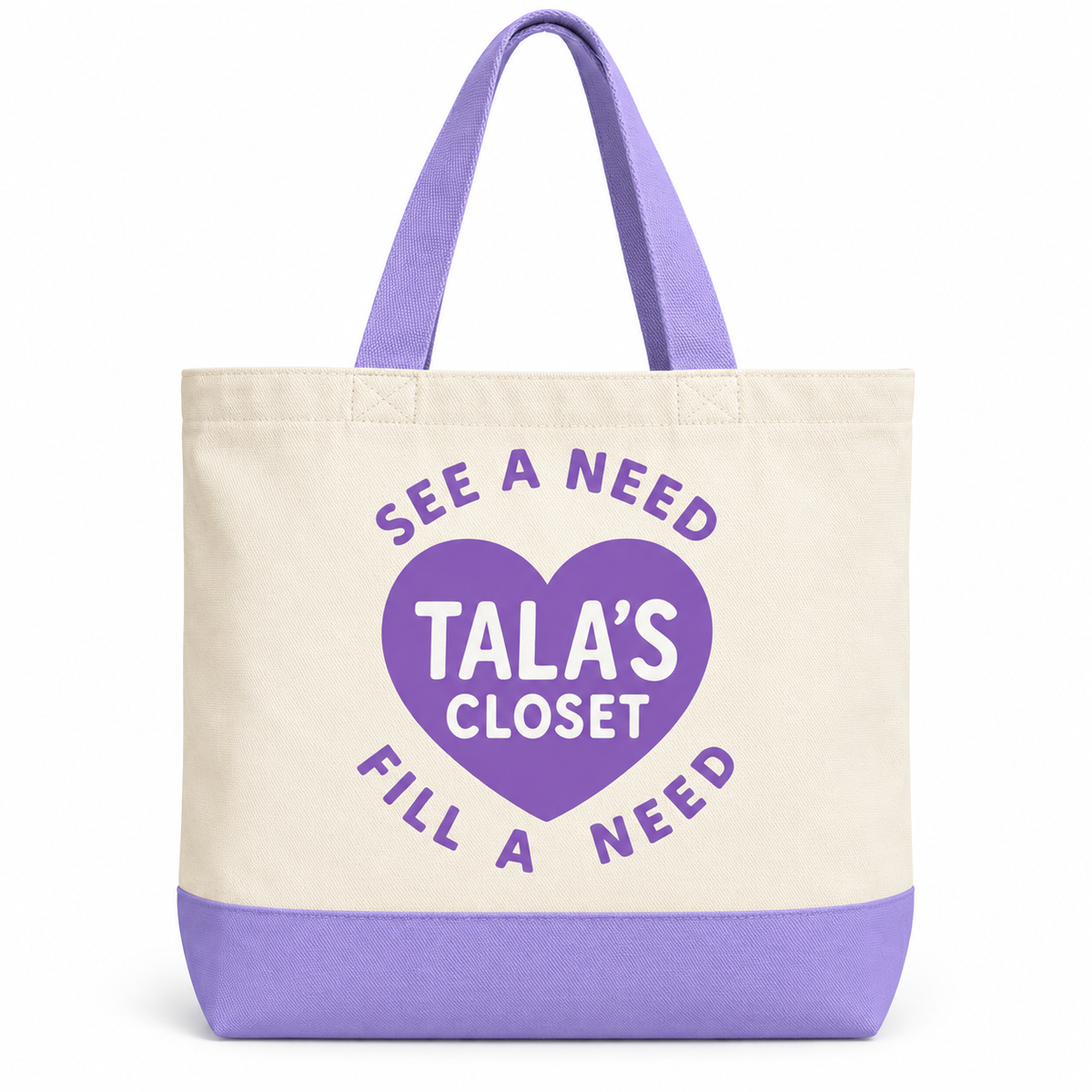 Tala's Closet lavender and cream canvas tote with large purple heart logo