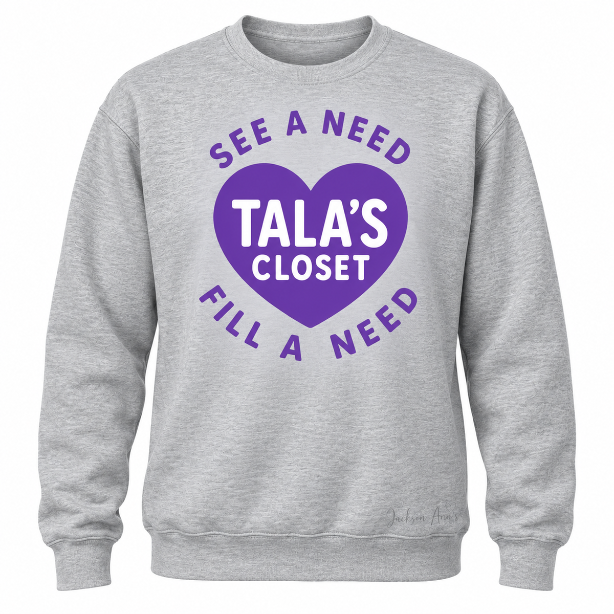 Sport Grey Gildan crewneck with Tala's Closet purple heart front graphic