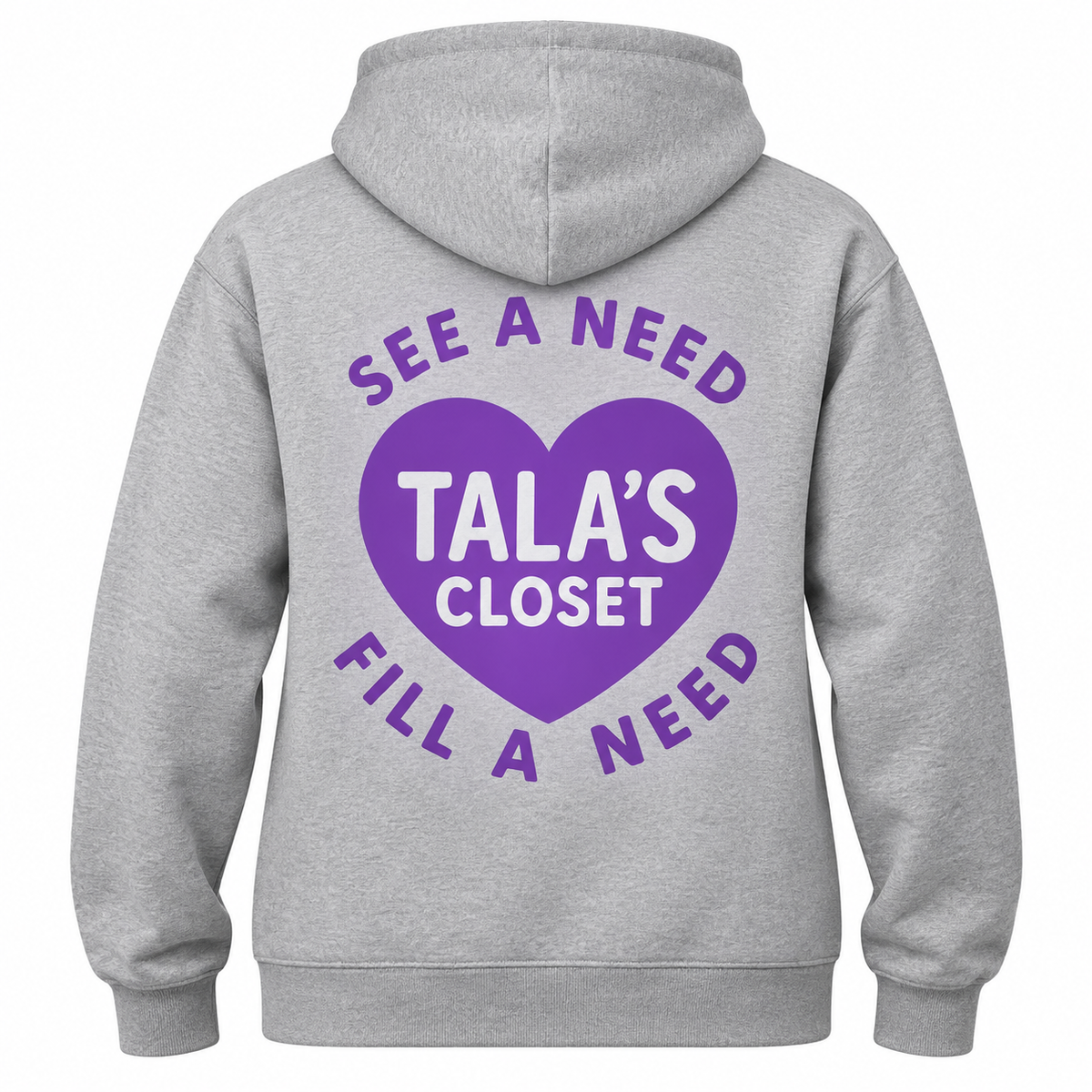 Back of Sport Grey Tala's Closet Gildan hoodie with large purple logo