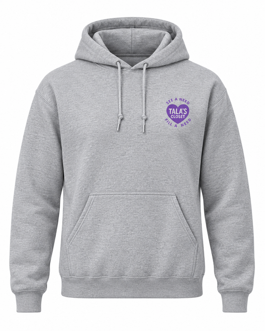 Front of Sport Grey Tala's Closet Gildan hoodie with left chest purple logo