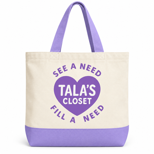 Tala's Closet lavender and cream canvas tote with large purple heart logo