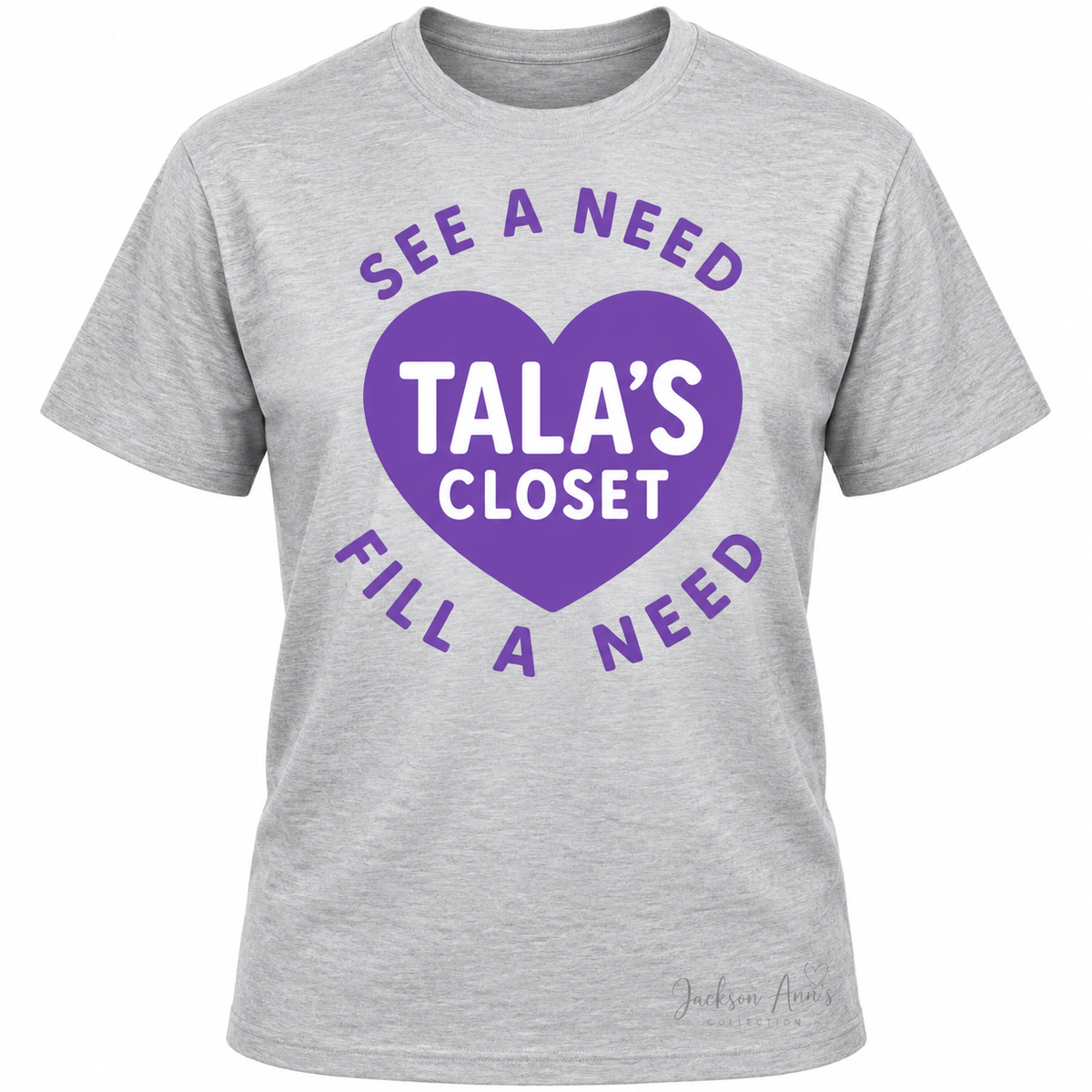 Front mockup of heather gray Tala's Closet See a Need Fill a Need unisex T-shirt