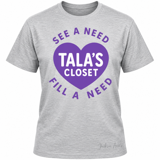 Front mockup of heather gray Tala's Closet See a Need Fill a Need unisex T-shirt