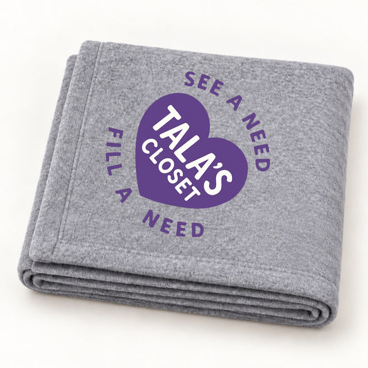 Tala's Closet Sport Grey stadium blanket folded to show purple logo